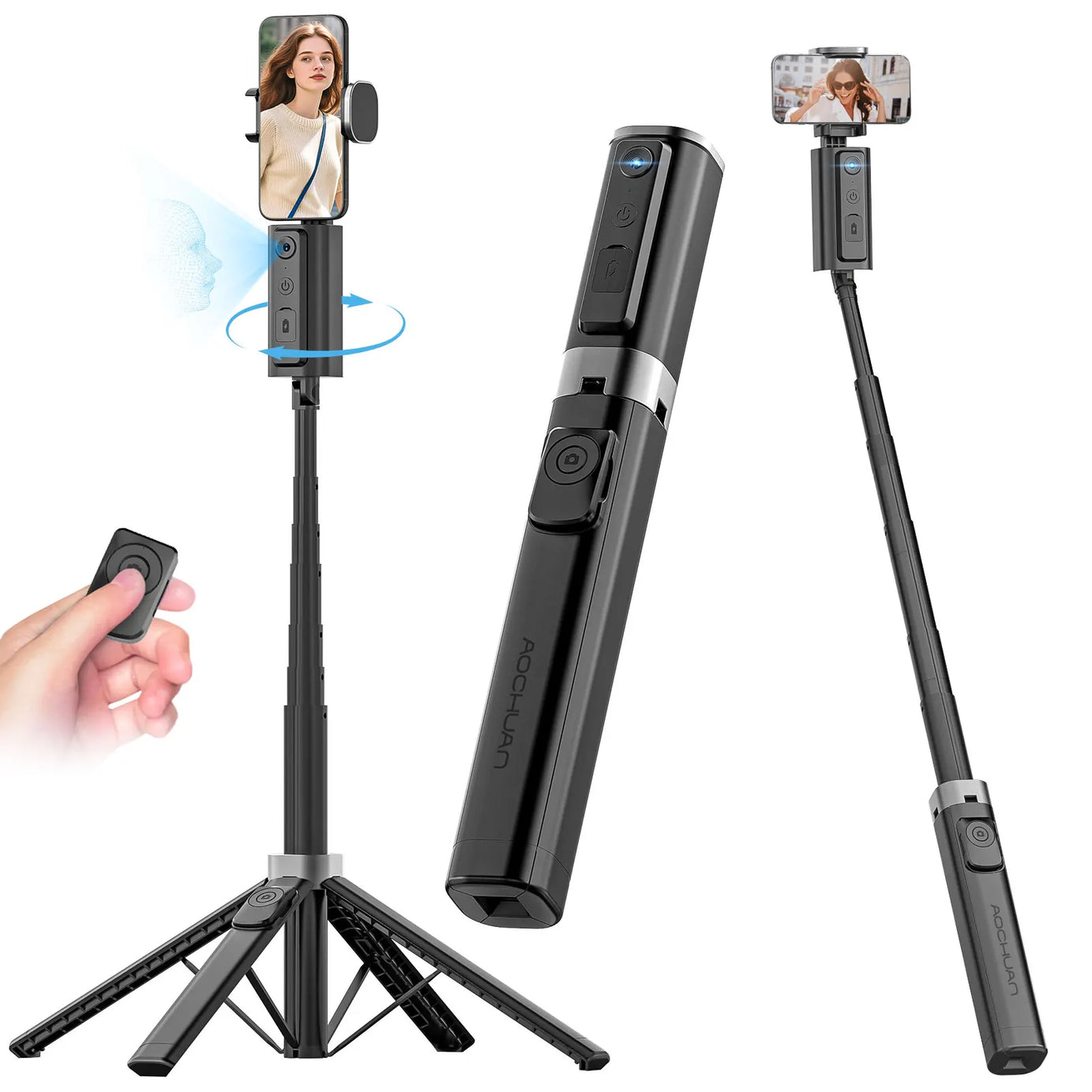 Perche à selfie portable AOCHUAN Smart M3 équipée d'un suivi IA et d'une rotation à 360° sans angle mort pour les photos sur smartphone