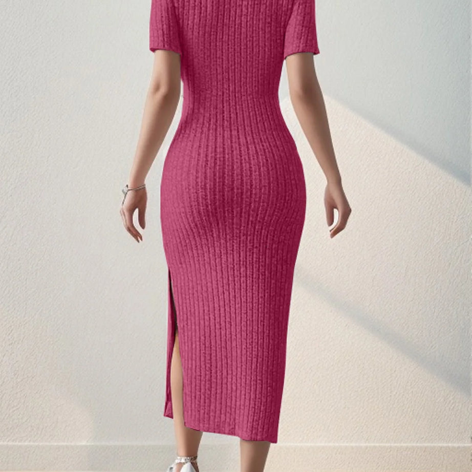 Robe d'été en maille fendue, col carré, jupe mi-longue moulante, manches courtes