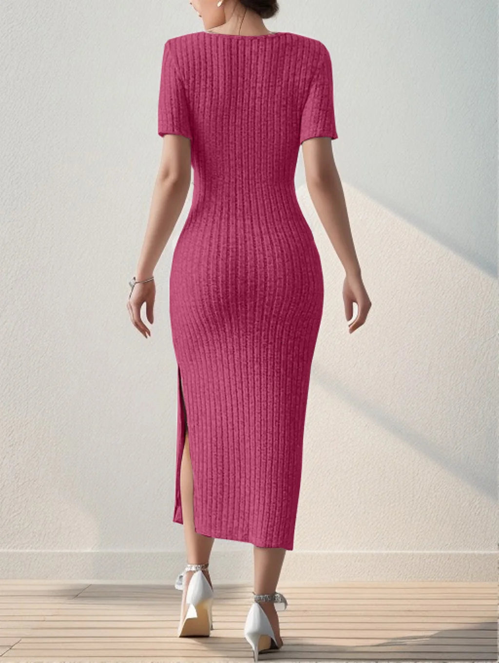 Robe d'été en maille fendue, col carré, jupe mi-longue moulante, manches courtes