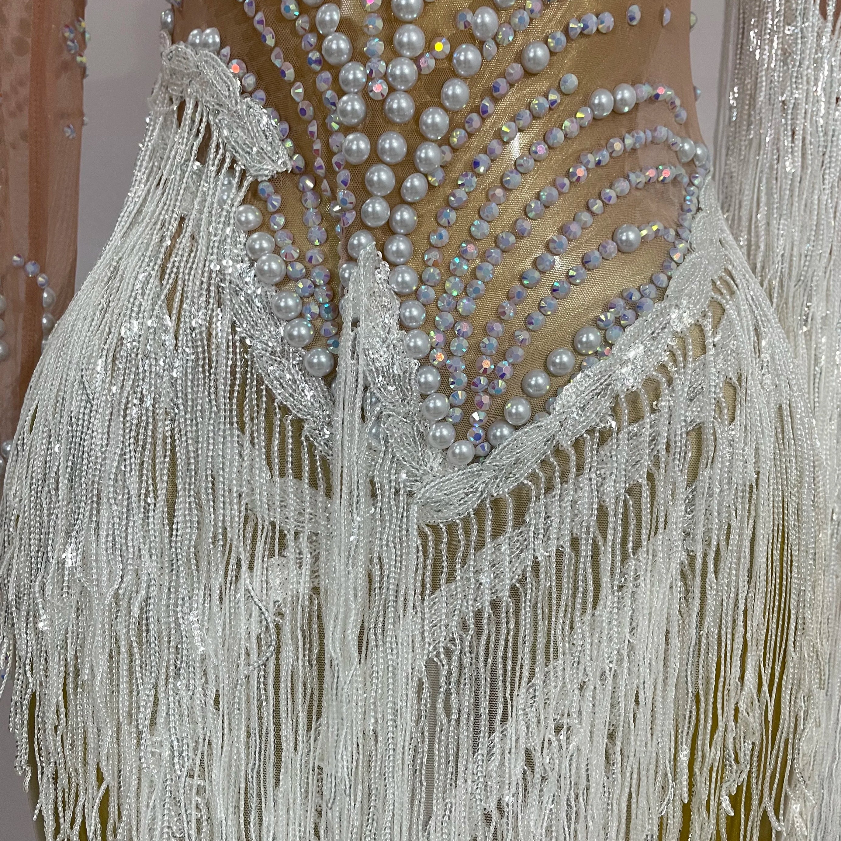 Women Sparkly Rhinestone Pearl Sequins Tassel Sexy Transparent Dress Evening Birthday Party Nightclub Dance Singer Stage Outfit