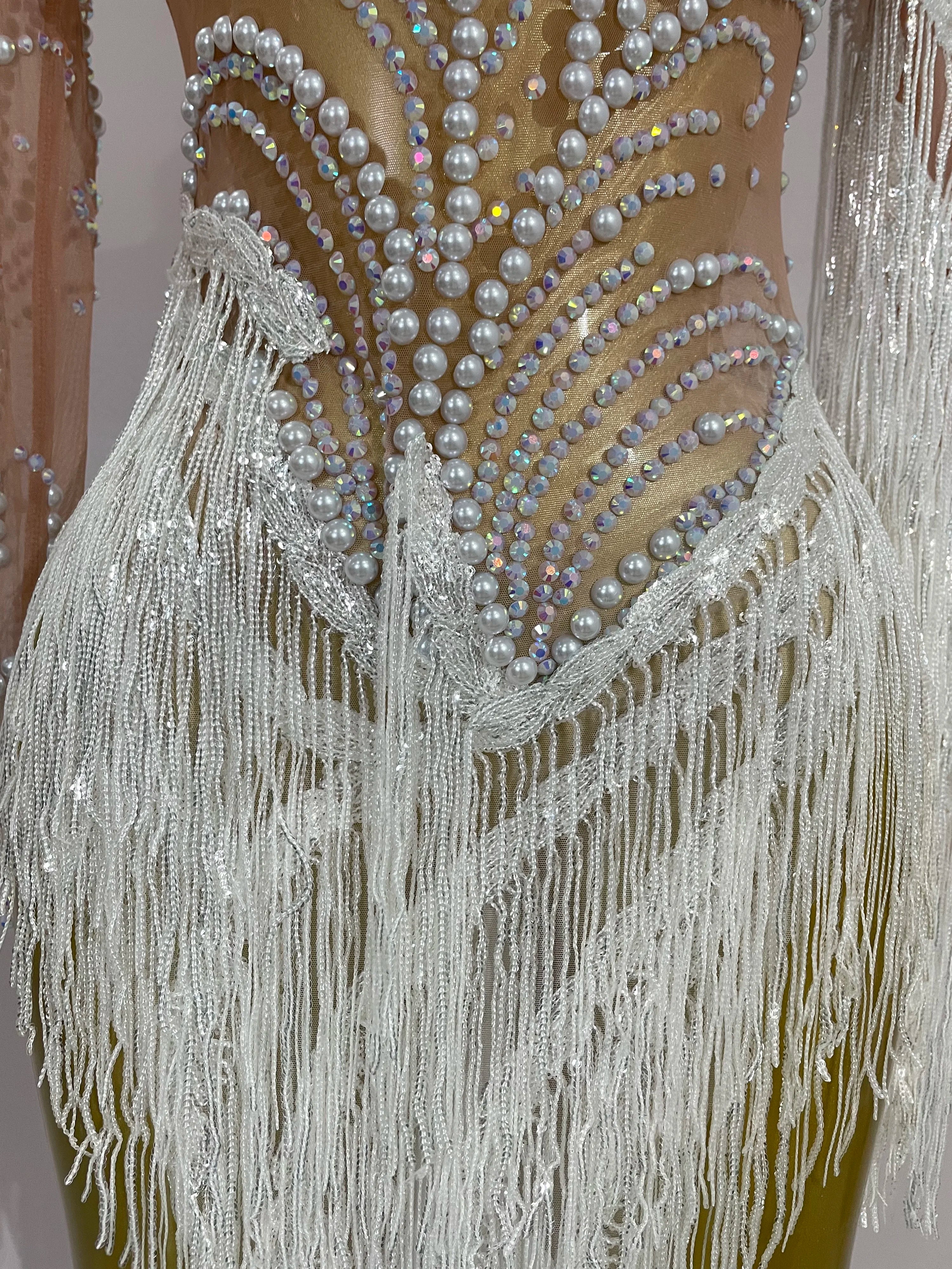 Women Sparkly Rhinestone Pearl Sequins Tassel Sexy Transparent Dress Evening Birthday Party Nightclub Dance Singer Stage Outfit