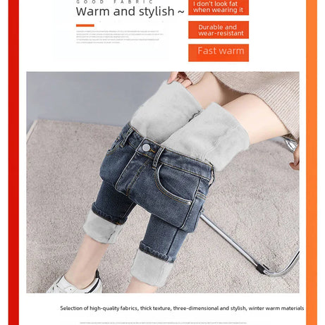 Jean d'hiver épais doublé polaire pour femme, amincissant, chaud et élastique, coupe crayon