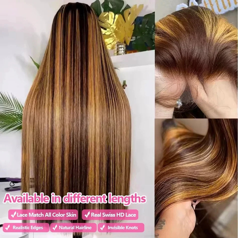38 Inch Straight Human Hair Wigs Highlight Wig Human Hair 13x6 Hd Lace Frontal Wig Straight Wig 13x4  4/27 Honey Blond Ombre Wig