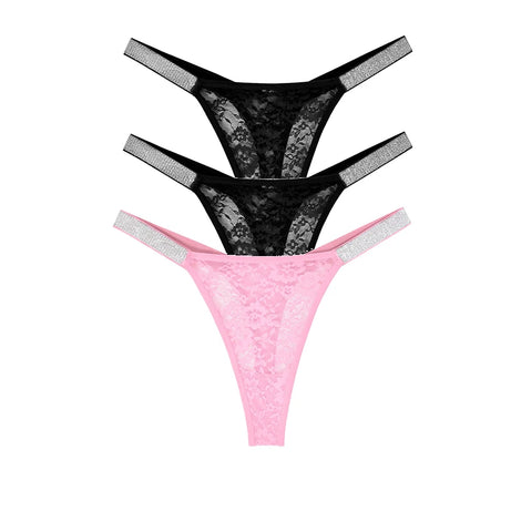 Lot de 3 strings sexy en dentelle pour femme, culottes fleuries transparentes, taille basse, deux ceintures brillantes, string confortable, lingerie intime