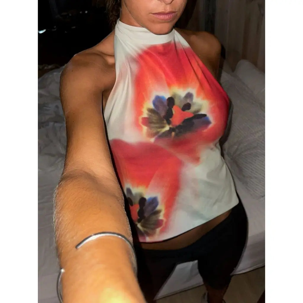 Combhasaki Débardeurs d'été pour femmes, style années 2000, à boutons, col halter, sans manches, dos nu, imprimé à pois/fleurs tie-dye