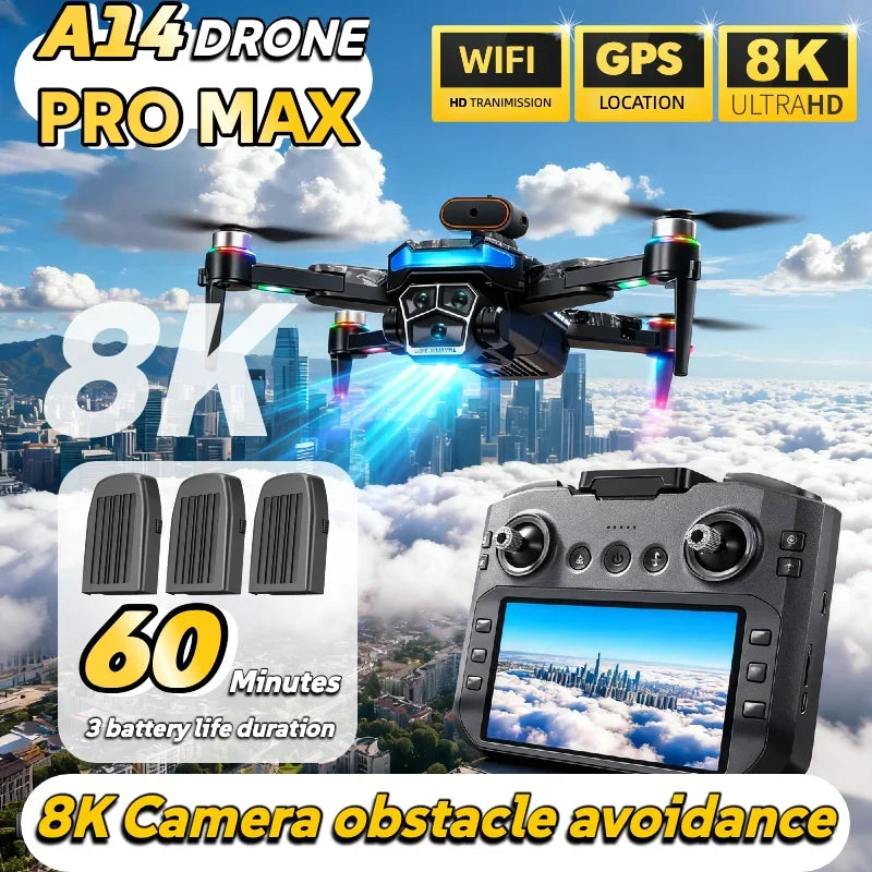 Véritable quadricoptère RC pliable A14 Pro Max GPS Brushless 8K avec trois caméras, détection d'obstacles et écran, pour une portée optimale.