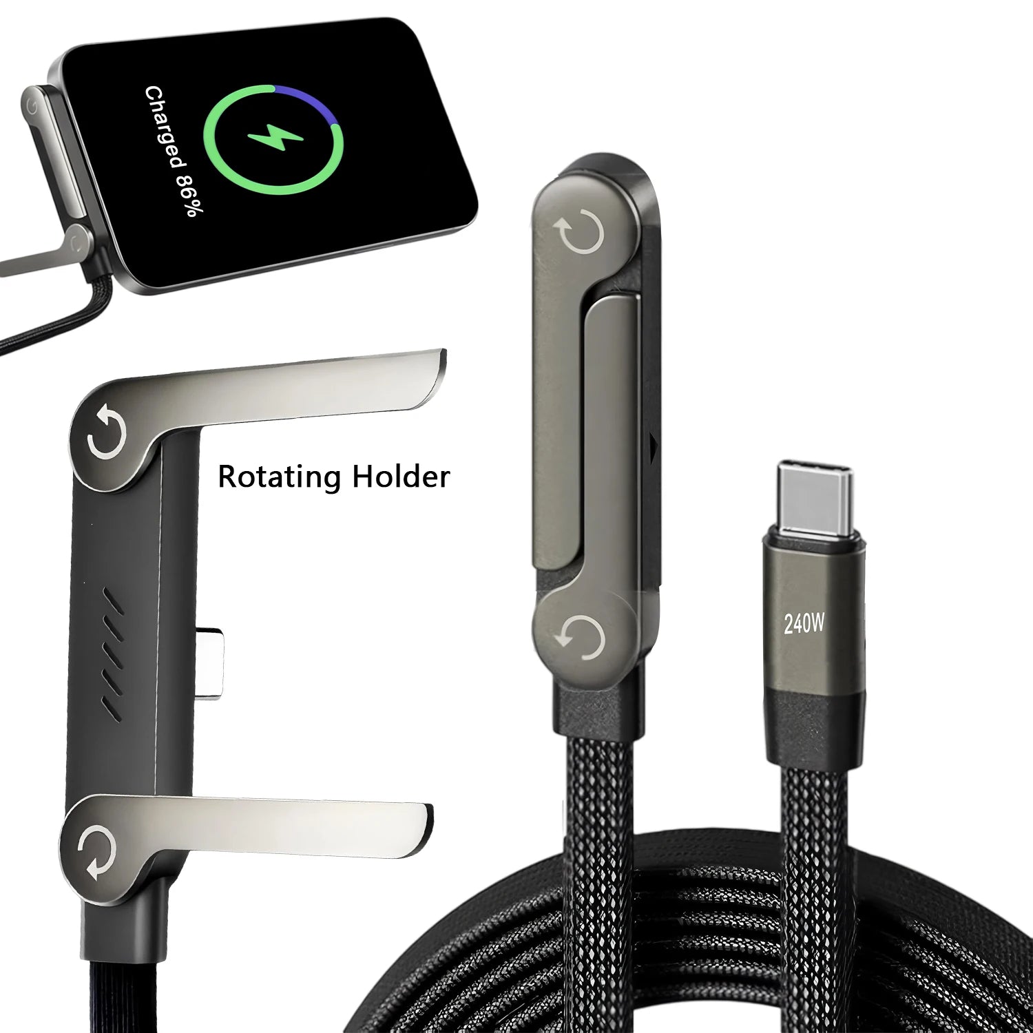 Support de téléphone portable pliable avec câble USB-C 2-en-1, charge rapide 240 W et câble de données. Support de charge multifonction avec double câble PD.