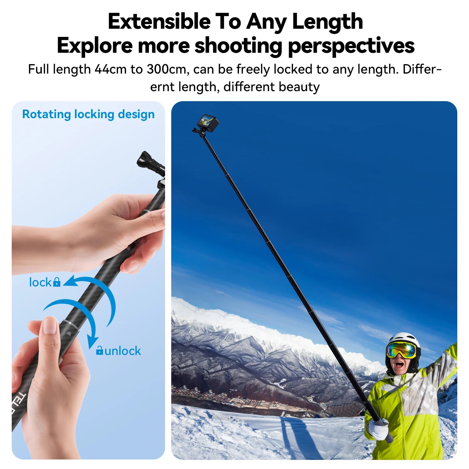 Perche à selfie monopode extensible TELESIN en fibre de carbone de 1,2 m x 3 m, avec vis 1/4", compatible avec les caméras d'action GoPro, Insta360, Osmo Action et DJI.
