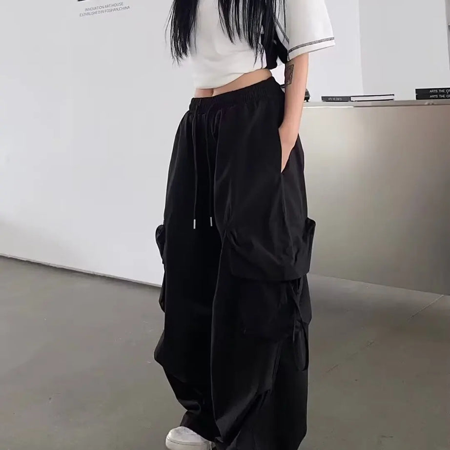 2025 New Vintage Loose Wide Leg Pants High Street Y2K Retro Hip Hop Solid Sweatpant Casual Women Cargo Commute Jogger Trousers