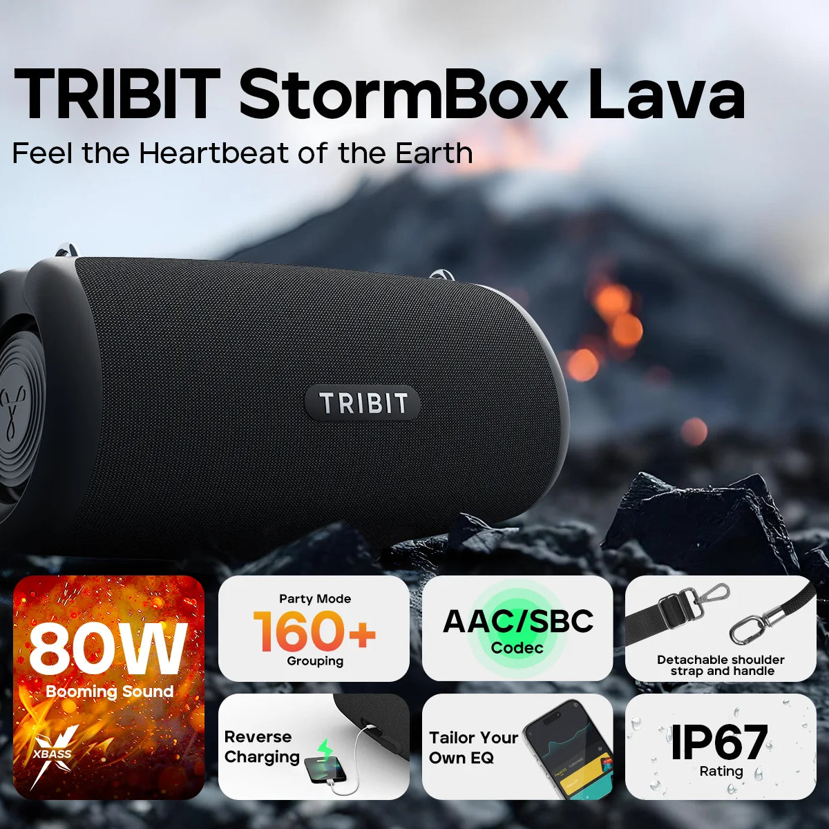 Enceinte Bluetooth portable TRIBIT StormBox Lava 80W avec batterie externe intégrée, contrôle via application, étanche IP67, idéale pour les activités de plein air, le camping et les fêtes.