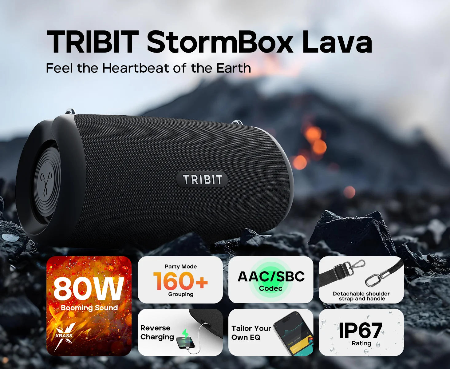 Enceinte Bluetooth portable TRIBIT StormBox Lava 80W avec batterie externe intégrée, contrôle via application, étanche IP67, idéale pour les activités de plein air, le camping et les fêtes.