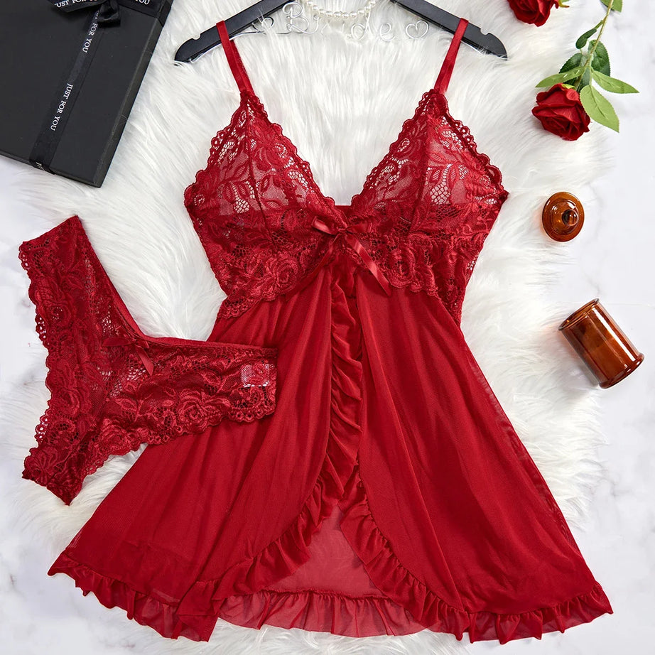 Nuisette d'été en dentelle rouge transparente, ensemble nuisette et culotte sexy pour femme