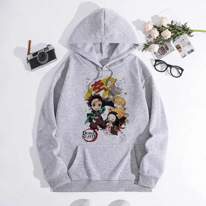 Japanese Anime Demon Slayer Hoodie Unisex Kamado Tanjirou Graphic Sweatshirts Greys Y2k Harajuku Fashion Cartoon Pullover Winter