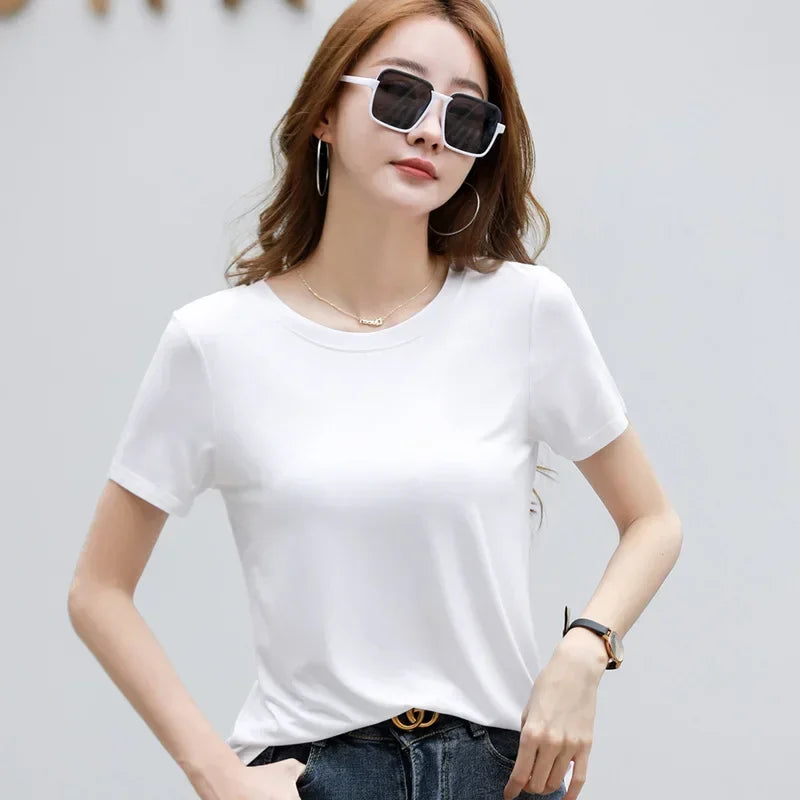 T-shirt MRMT 2026 pour femme, neuf, en coton et soie glacée, couleur unie, col rond, style minimaliste décontracté.