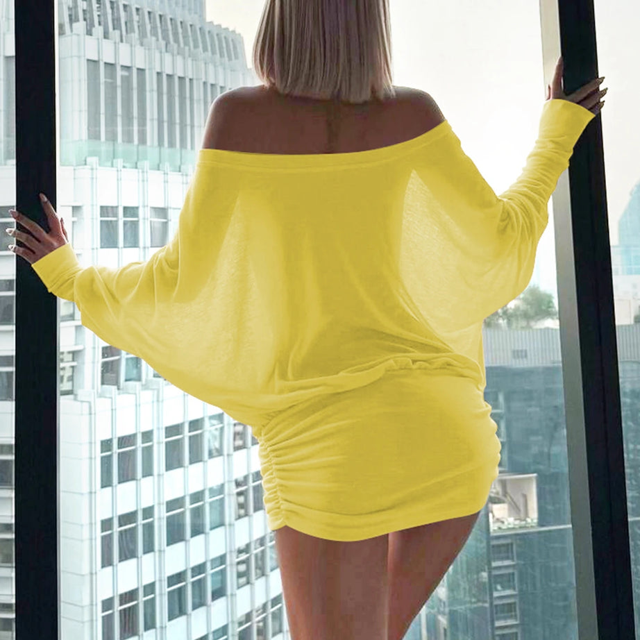 Robe mini Dulzura à épaules dénudées et manches longues, ornée de patchwork froncé, pour femme, tenue sexy, élégante et décontractée idéale pour les soirées et les clubs, printemps-été.