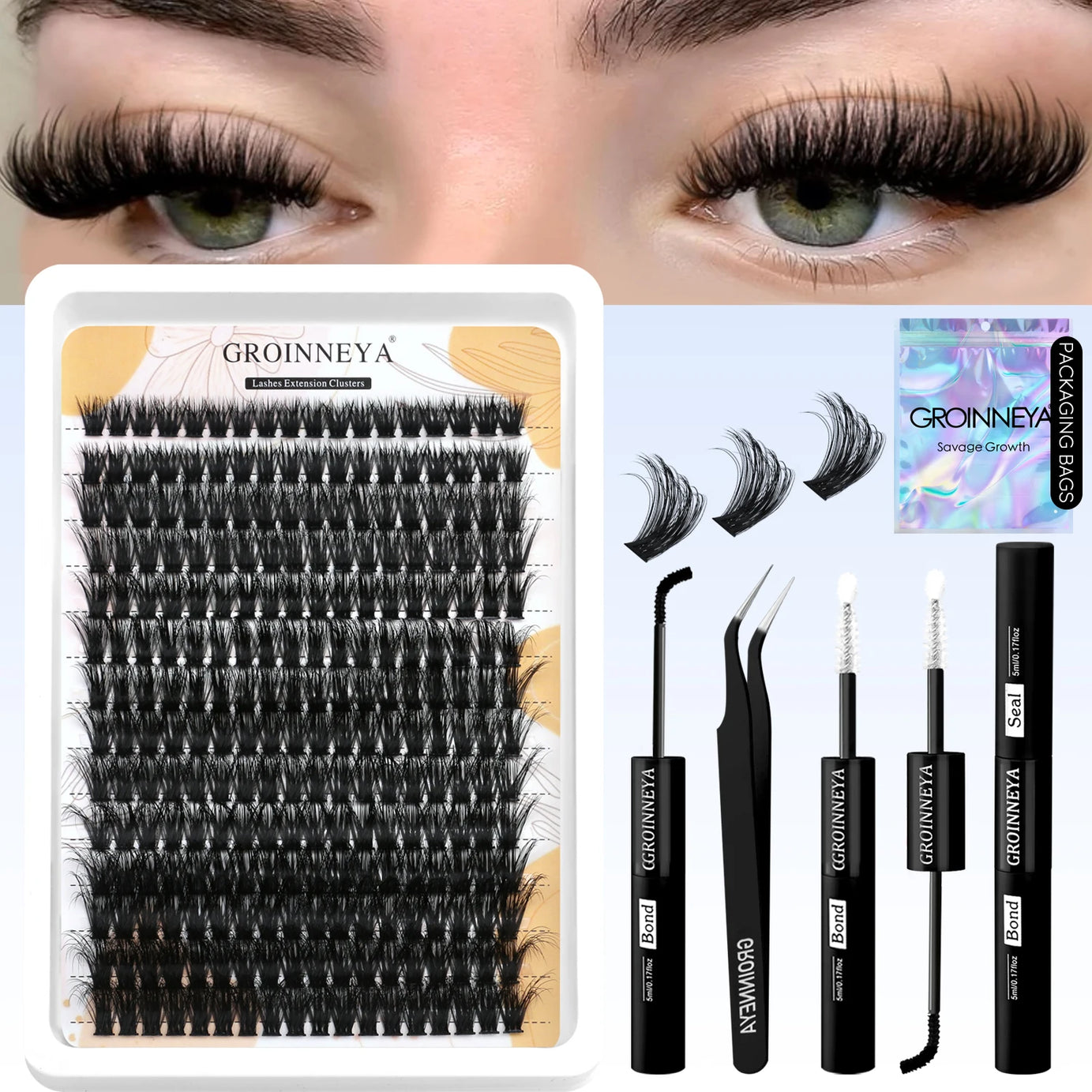 Kit de faux cils GROINNEYA avec patchs waterproof à tenue forte, kit d'extension de cils à faire soi-même, colle et fixateur, pince à épiler et maquillage.