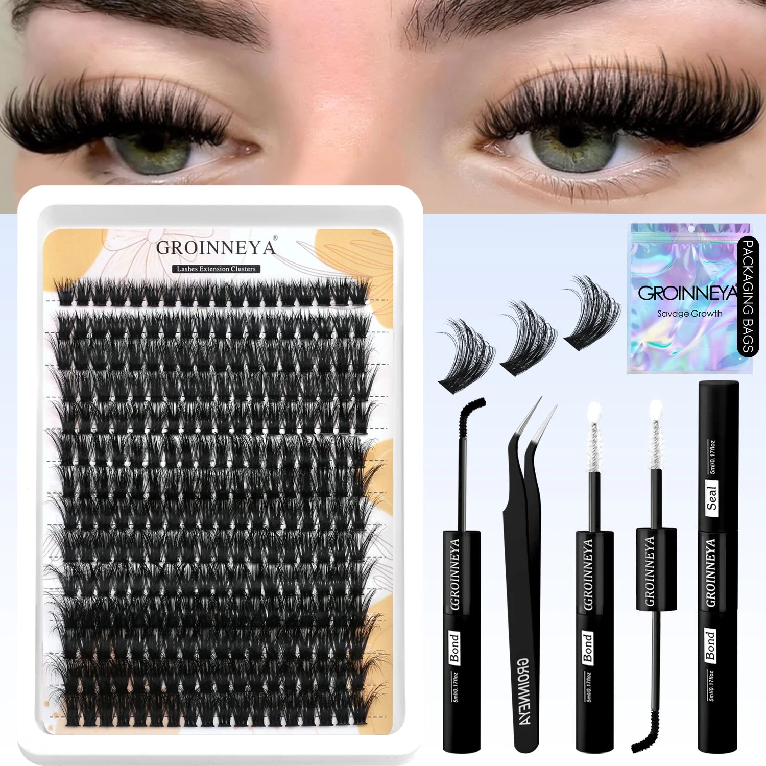 Kit de faux cils GROINNEYA avec patchs waterproof à tenue forte, kit d'extension de cils à faire soi-même, colle et fixateur, pince à épiler et maquillage.