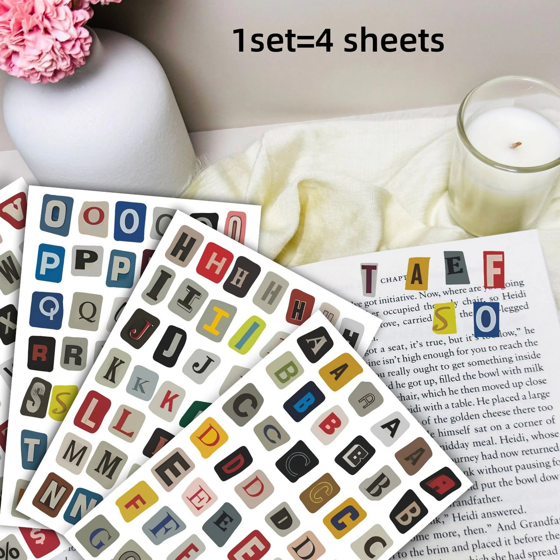 181pcs/4-Sheet English Alphabet Number Symbol Sticker Pack, Vintage Scrapbook Aesthetic Journaling Supplies Kit, Letter Stickers