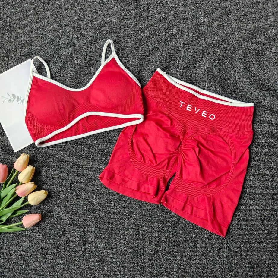 TEVEO 2pcs Women's Sports Yoga Shorts Fitness Cycling Elastic Sports Pants Ignite Sculpt Scrunch Short Yoga Bra Set leggings