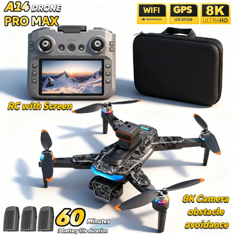 Véritable quadricoptère RC pliable A14 Pro Max GPS Brushless 8K avec trois caméras, détection d'obstacles et écran, pour une portée optimale.