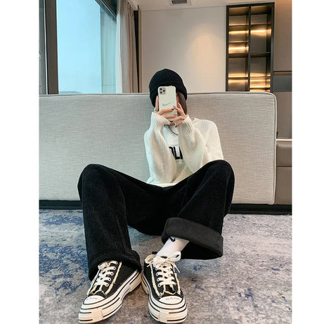 Pantalon polaire femme jambes larges, pantalon long d'hiver taille haute, coupe ample et décontractée