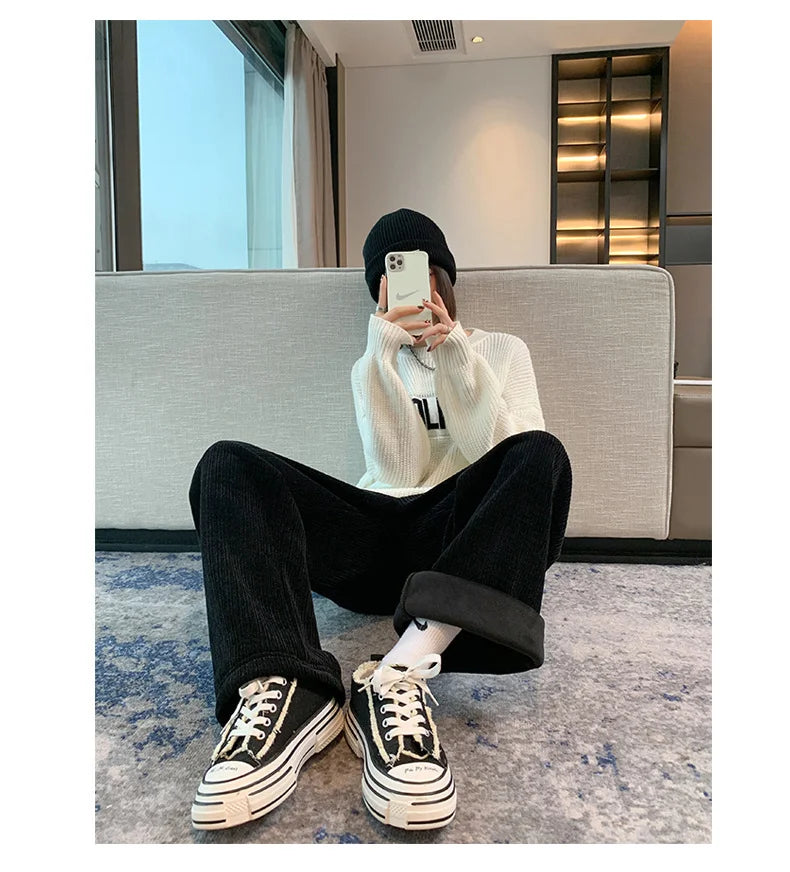 Pantalon polaire femme jambes larges, pantalon long d'hiver taille haute, coupe ample et décontractée