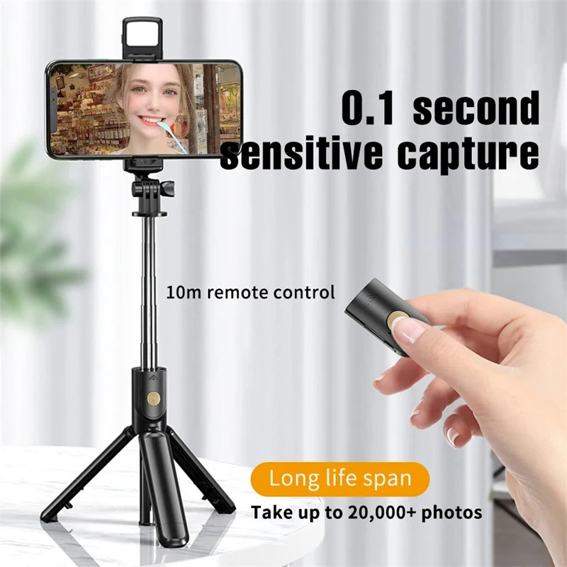 Perche à selfie sans fil avec trépied, lampe et télécommande Bluetooth extensible pour iPhone et streaming TikTok en direct
