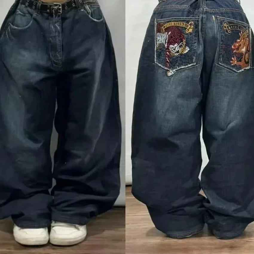 Jean tendance streetwear brodé de têtes de mort pour femme, style Harajuku Y2K, pantalon droit à jambes larges, style Joker, jean décontracté pour couple
