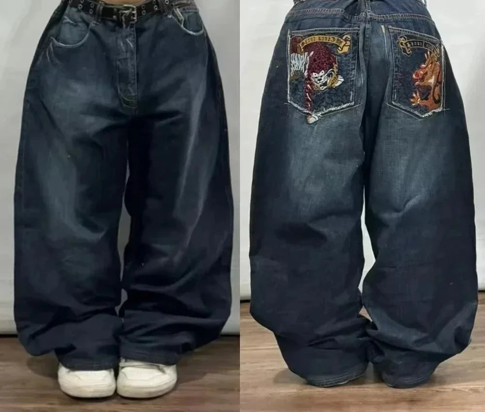 Jean tendance streetwear brodé de têtes de mort pour femme, style Harajuku Y2K, pantalon droit à jambes larges, style Joker, jean décontracté pour couple