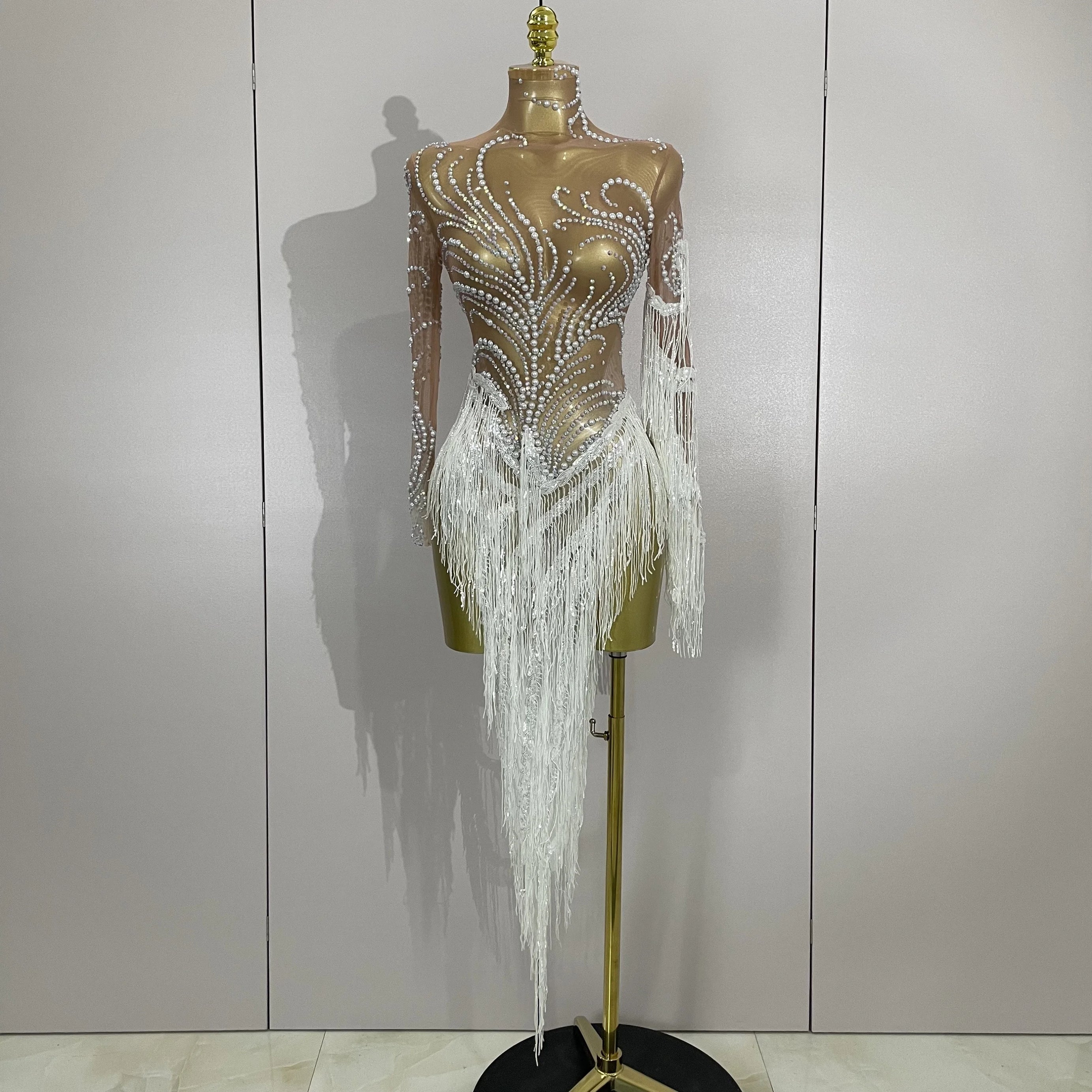 Women Sparkly Rhinestone Pearl Sequins Tassel Sexy Transparent Dress Evening Birthday Party Nightclub Dance Singer Stage Outfit