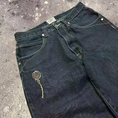 Jean tendance streetwear brodé de têtes de mort pour femme, style Harajuku Y2K, pantalon droit à jambes larges, style Joker, jean décontracté pour couple