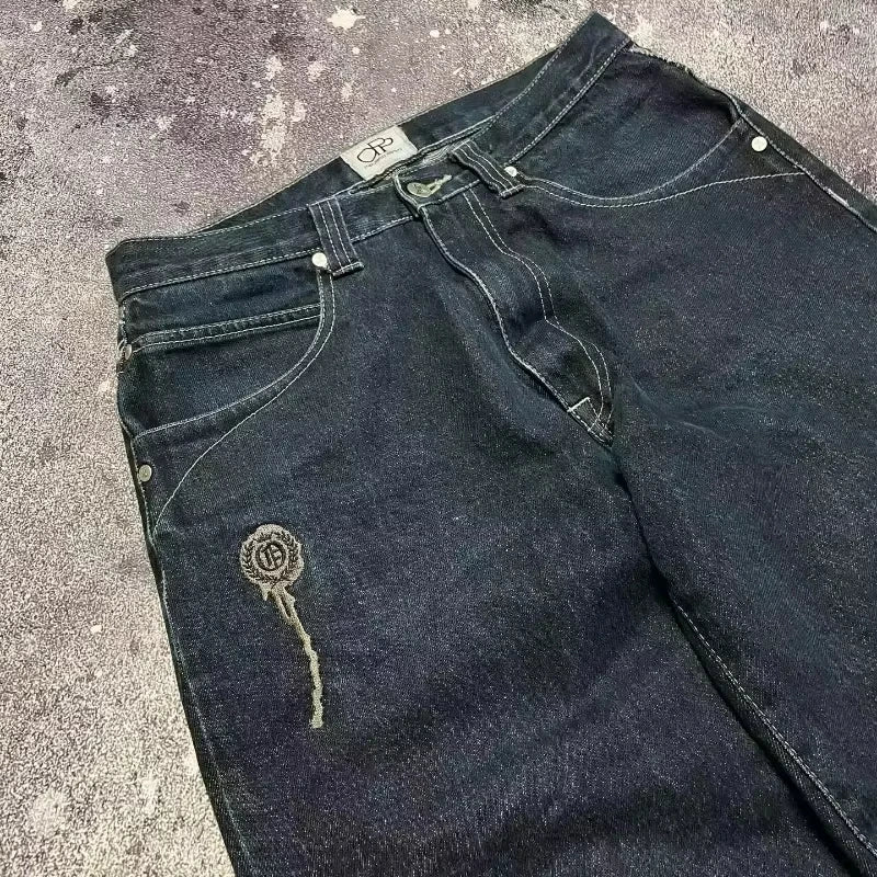 Jean tendance streetwear brodé de têtes de mort pour femme, style Harajuku Y2K, pantalon droit à jambes larges, style Joker, jean décontracté pour couple