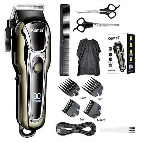Tondeuse à cheveux rechargeable Kemei PG1990A avec peignes de guidage, professionnelle et sans fil, pour hommes. Appareil de coupe de cheveux pour hommes.
