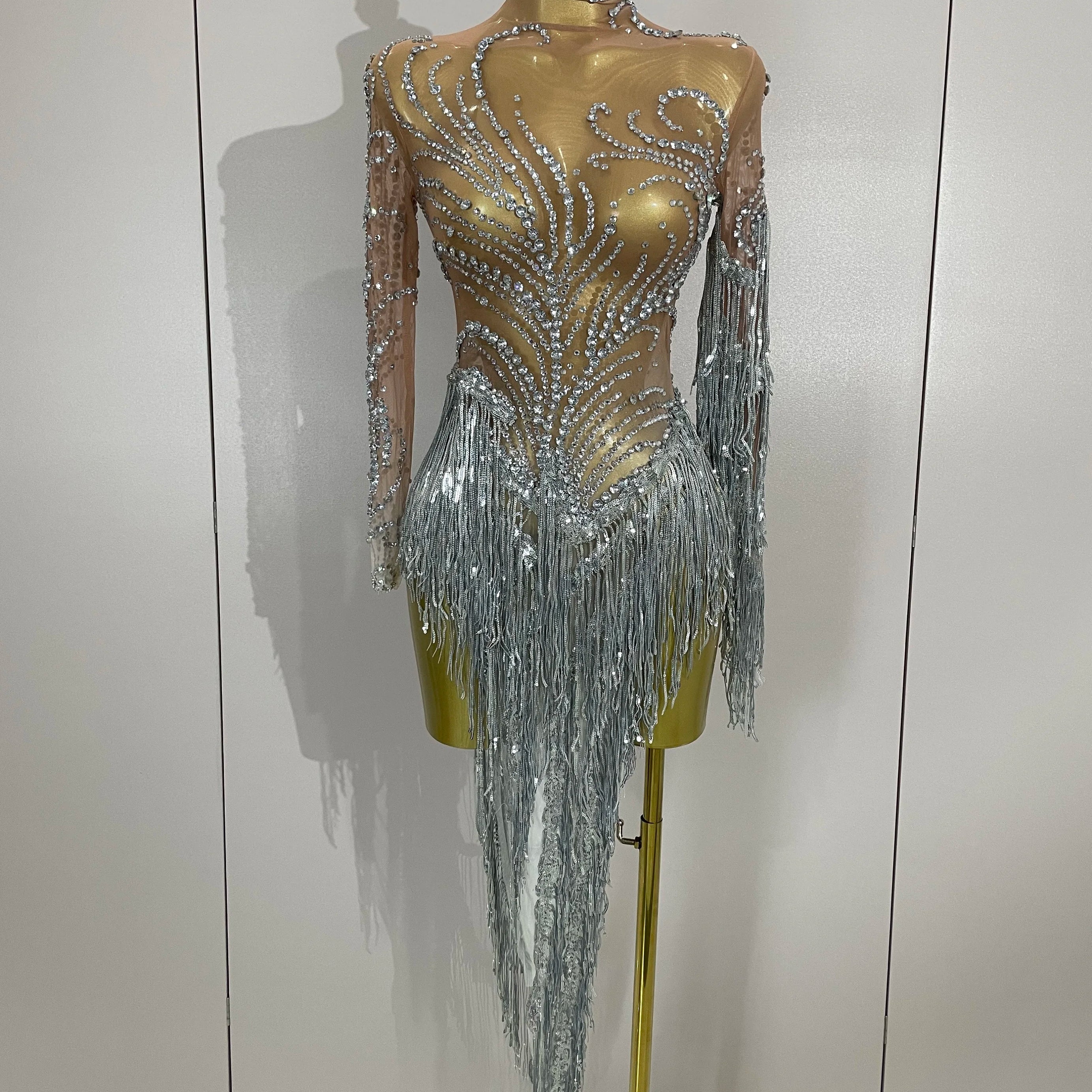 Women Sparkly Rhinestone Pearl Sequins Tassel Sexy Transparent Dress Evening Birthday Party Nightclub Dance Singer Stage Outfit
