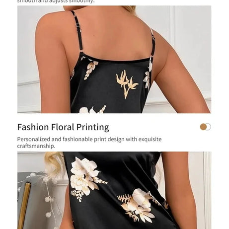 Vêtements de nuit pour femmes, vêtements d'intérieur, nuisette sexy noire à imprimé floral, chemises de nuit en soie, chemises de nuit pour femmes