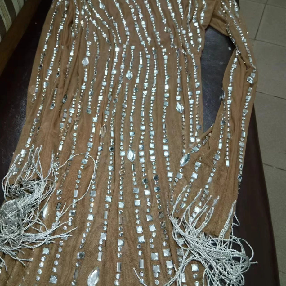Sparkly Silver Big Rhinestone Transparent Long Dress Evening Birthday Celebrate Luxurious Costume Dancer Flashing Dress