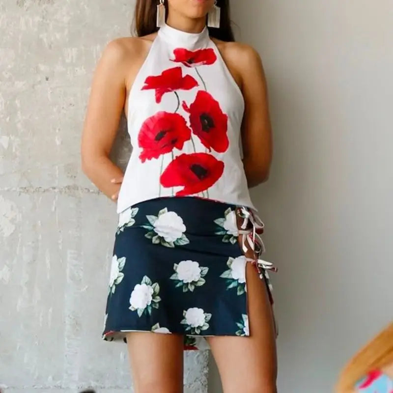 Combhasaki Débardeurs d'été pour femmes, style années 2000, à boutons, col halter, sans manches, dos nu, imprimé à pois/fleurs tie-dye