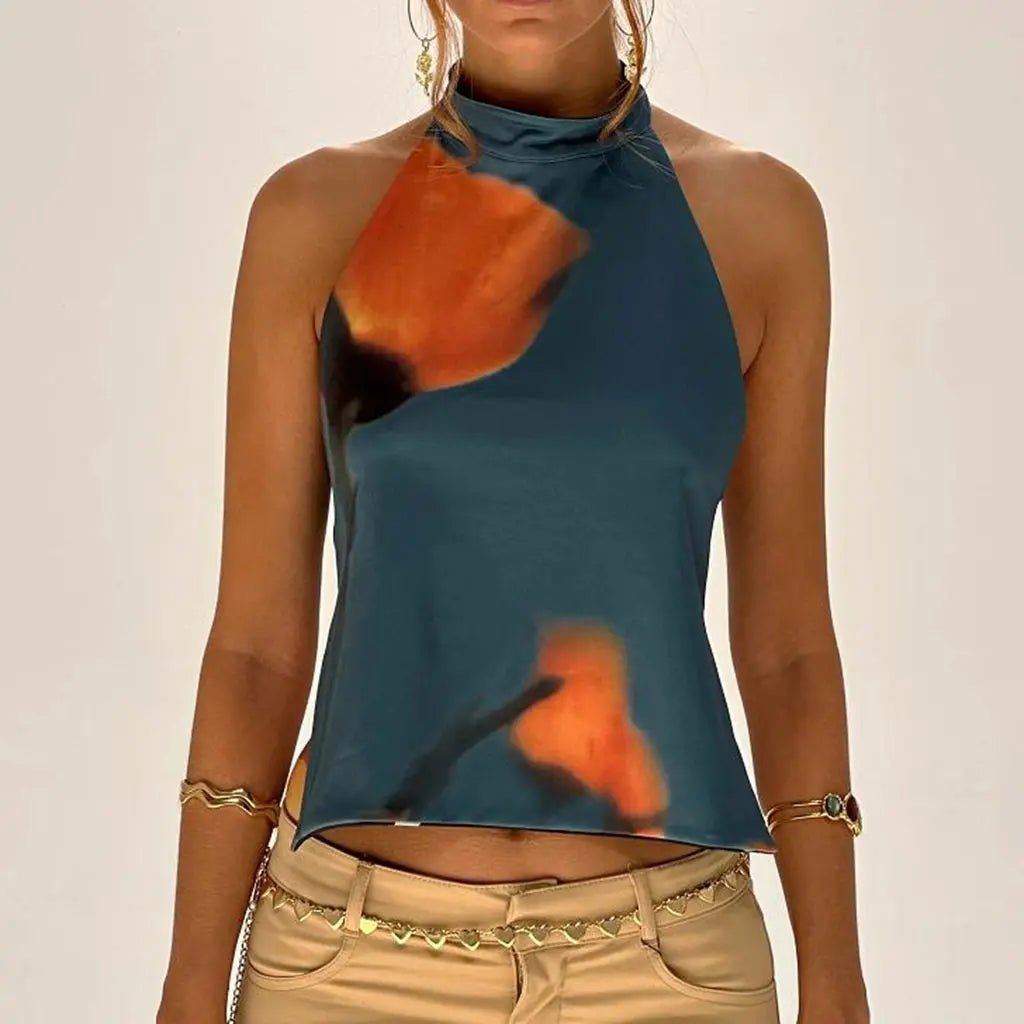 Combhasaki Débardeurs d'été pour femmes, style années 2000, à boutons, col halter, sans manches, dos nu, imprimé à pois/fleurs tie-dye