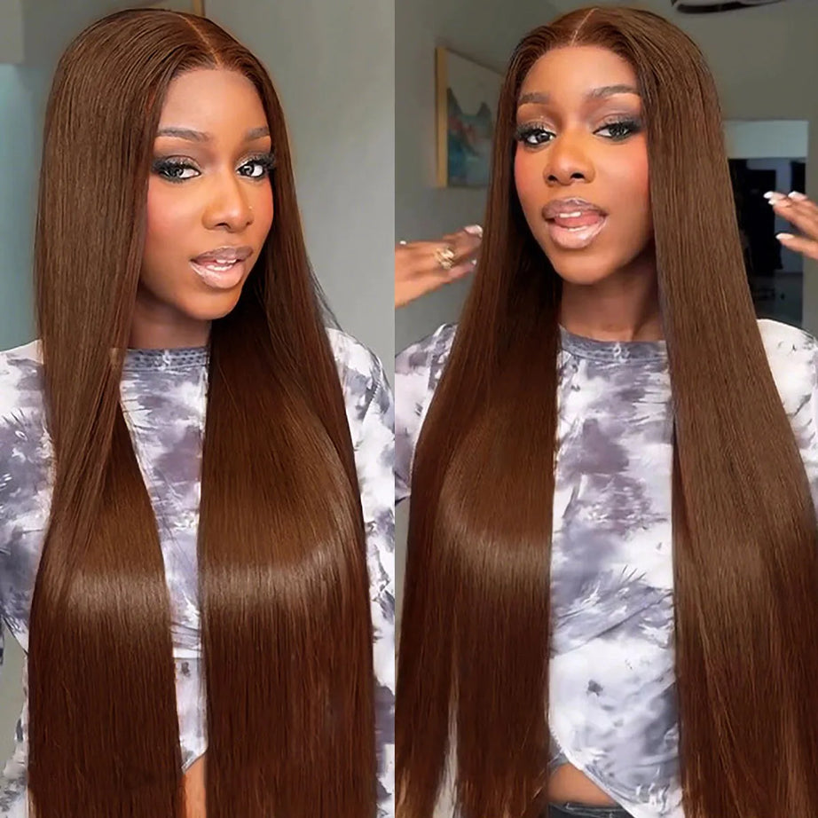 Perruque Lace Front HD Chocolat Brun Os Lisse 13x4 13x6, 38 pouces, Cheveux Humains Pré-épilés, Couleur #4