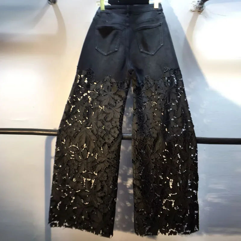 Jean en dentelle ajourée européenne 2025 pour femme, été, nouveau pantalon en denim noir à dentelle, perles industrielles lourdes, empiècements en denim à motif diamant, crochet