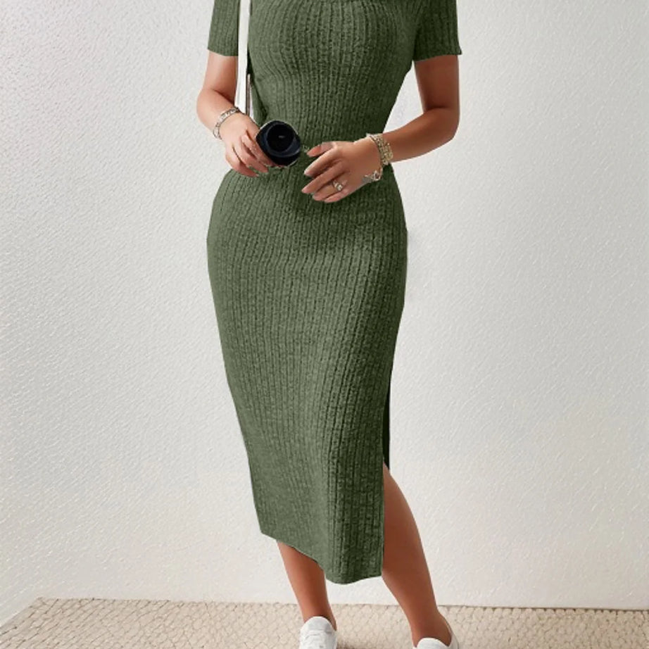 Robe d'été en maille fendue, col carré, jupe mi-longue moulante, manches courtes