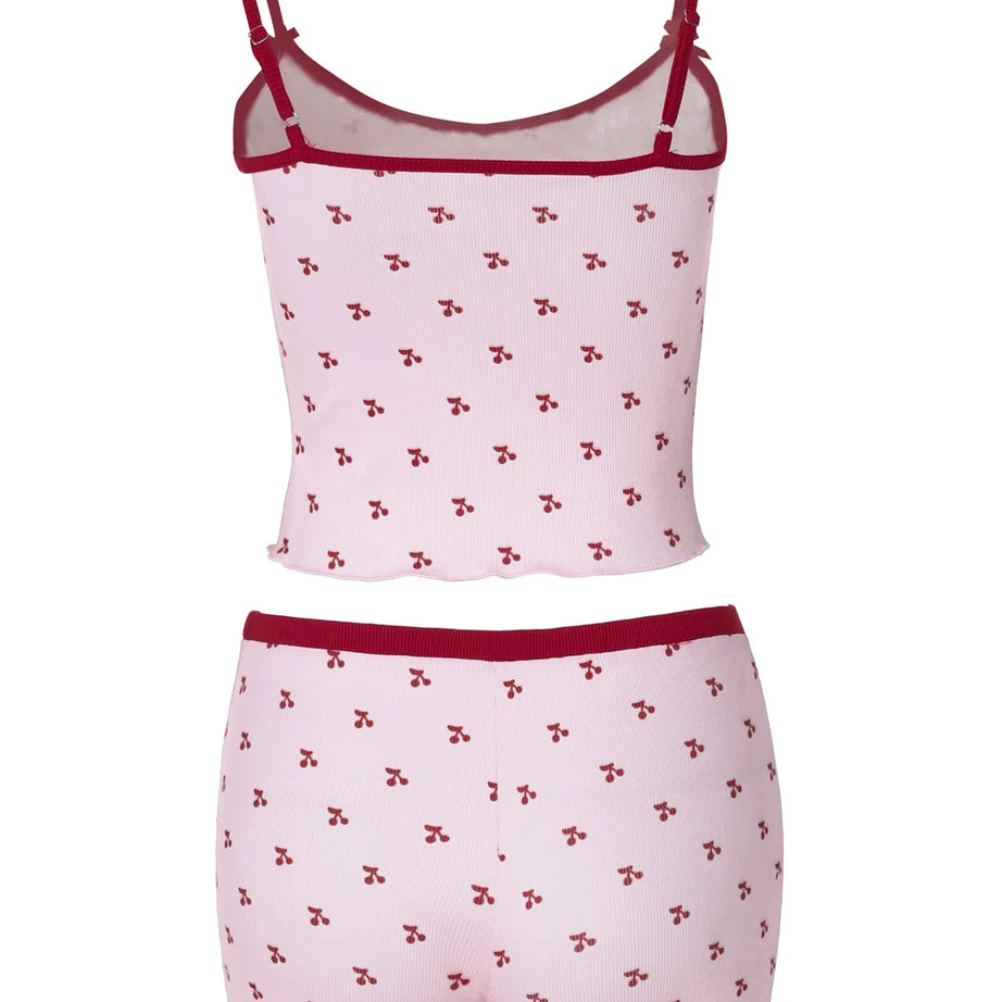 Ensemble pyjama 2 pièces Kawaii pour femme, débardeur sans manches et short à imprimé cerises, vêtement de nuit doux et confortable.