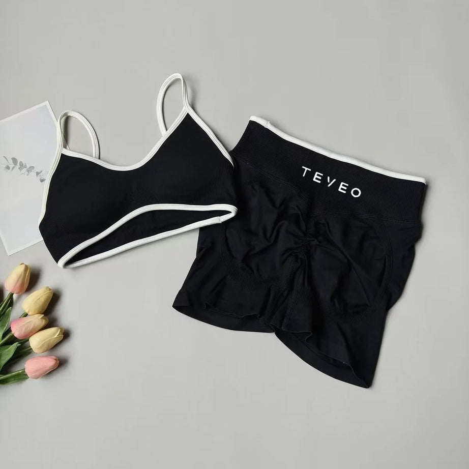 TEVEO 2pcs Women's Sports Yoga Shorts Fitness Cycling Elastic Sports Pants Ignite Sculpt Scrunch Short Yoga Bra Set leggings