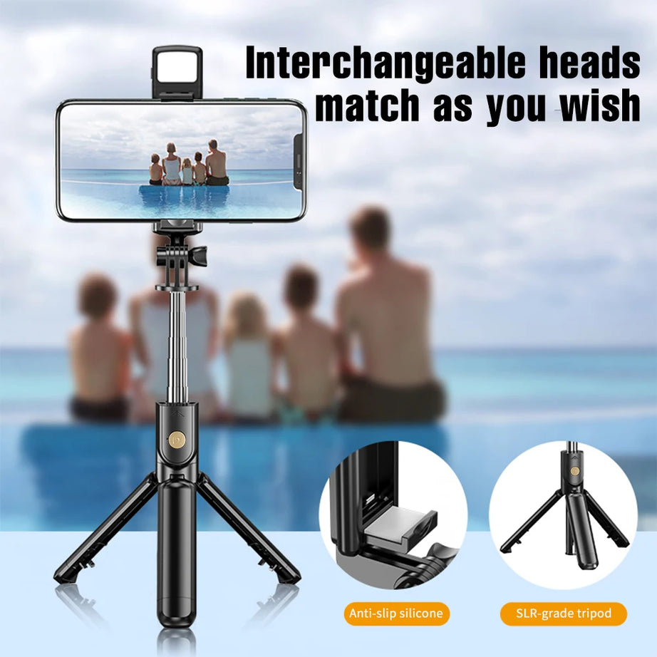 Perche à selfie sans fil avec trépied, lampe et télécommande Bluetooth extensible pour iPhone et streaming TikTok en direct