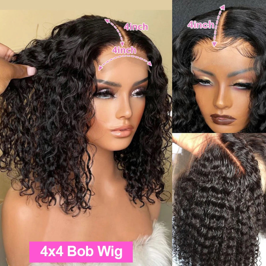 Perruques bouclées au carré, cheveux humains brésiliens, 13x4 Deep Water Wave, perruques frontales en dentelle 5x1 et 13x1 avec raie en T, pour femmes, pré-épilées à 200 %.
