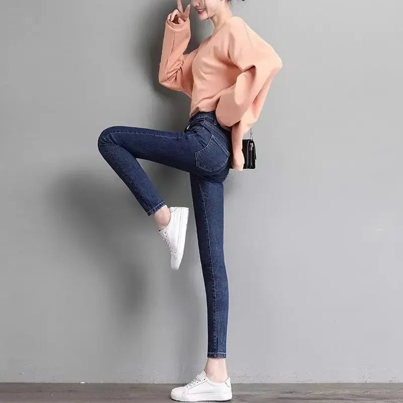 Jean skinny taille haute doublé polaire pour femme, épais et chaud, idéal pour l'hiver. Nouveau style polyvalent, coupe crayon, décontracté et confortable.