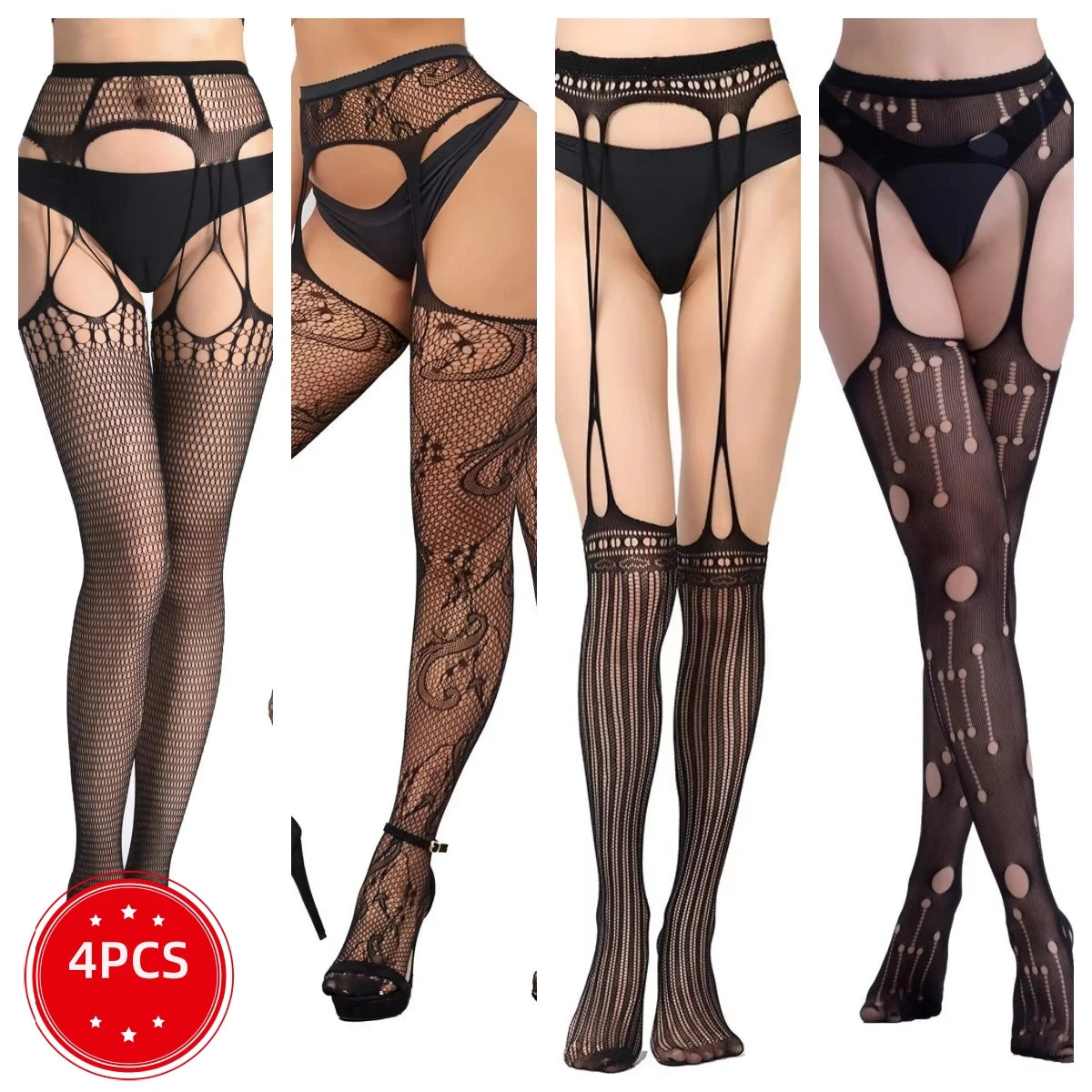 SIMPLEJWEL Lot de 4 jarretières/1 jarretière résille, collants, bas, chaussettes hautes, sexy, été, 4 pièces, 1 pièce