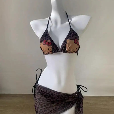 Maillot de bain Hello Kitty Sanrio imprimé léopard, 3 pièces, mignon, dos nu, pour les vacances, idéal pour les petites filles.