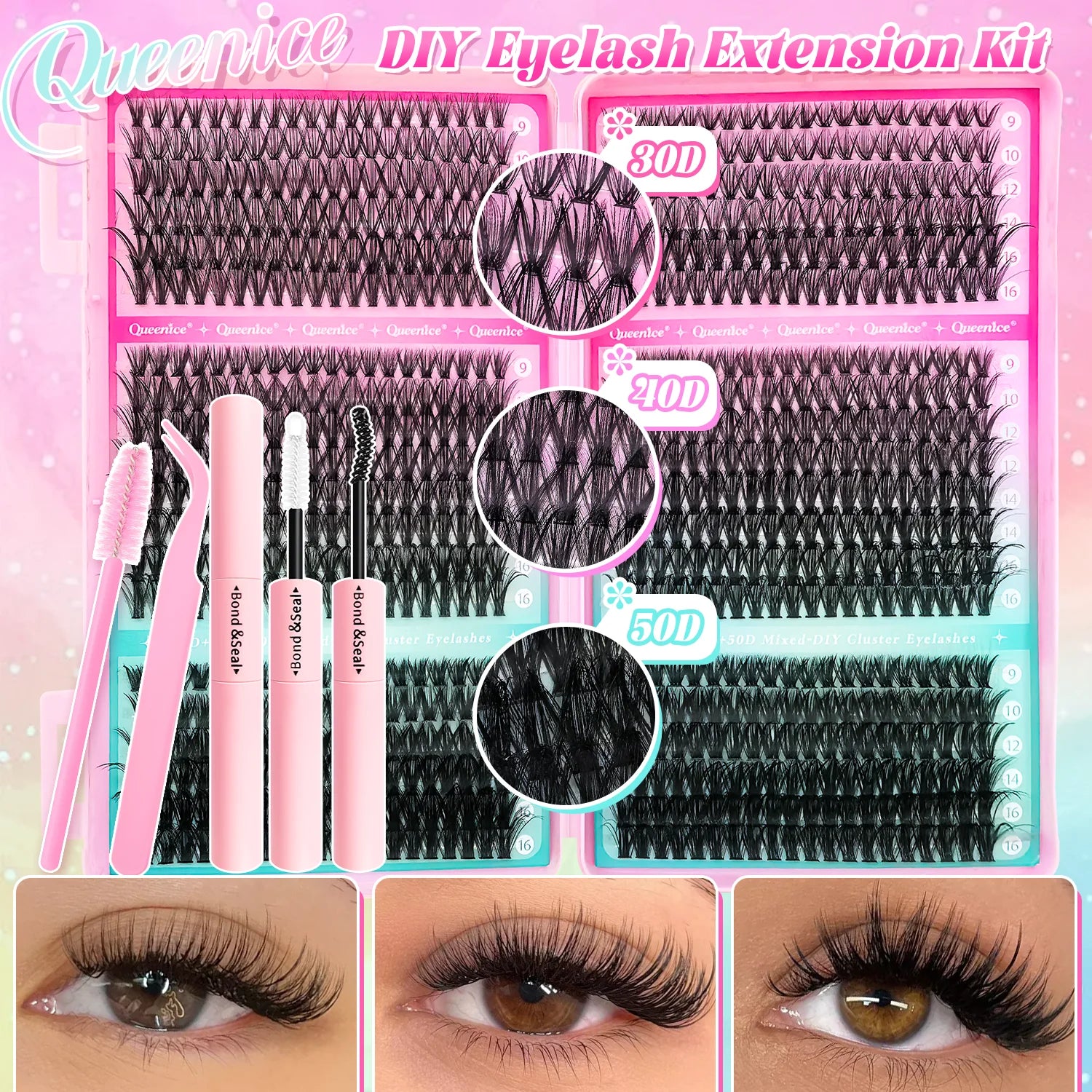 Kit d'extension de cils à faire soi-même : faux cils individuels de 9 à 16 mm avec colle et fixateur, effet naturel et vaporeux.