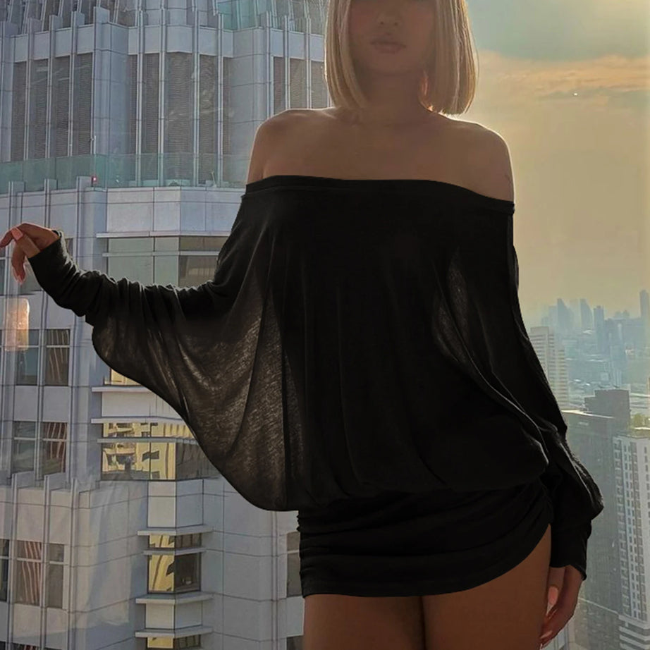 Robe mini Dulzura à épaules dénudées et manches longues, ornée de patchwork froncé, pour femme, tenue sexy, élégante et décontractée idéale pour les soirées et les clubs, printemps-été.